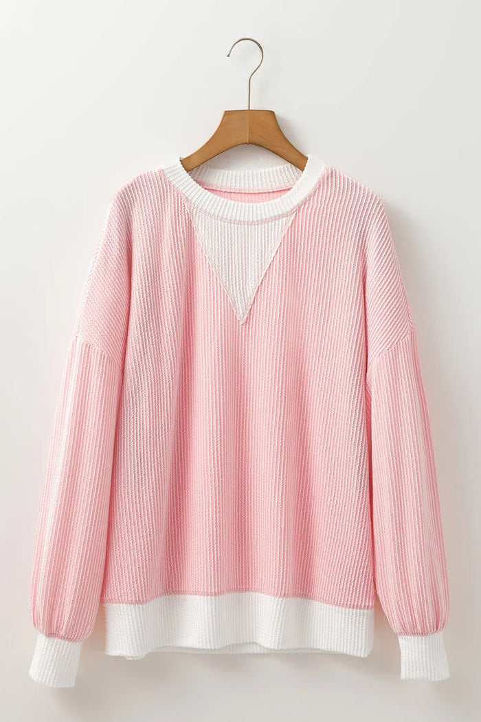 Peach Blossom Ribbed Colourblock Drop Shoulder Loose Top - Tops/Long Sleeve Tops