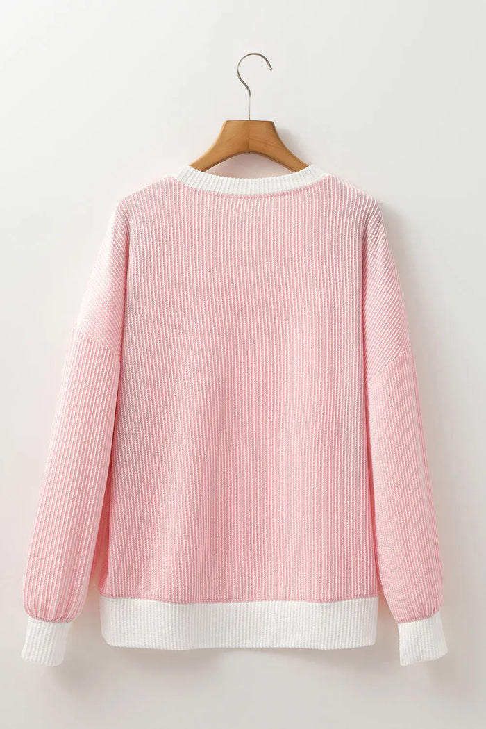 Peach Blossom Ribbed Colourblock Drop Shoulder Loose Top - Tops/Long Sleeve Tops