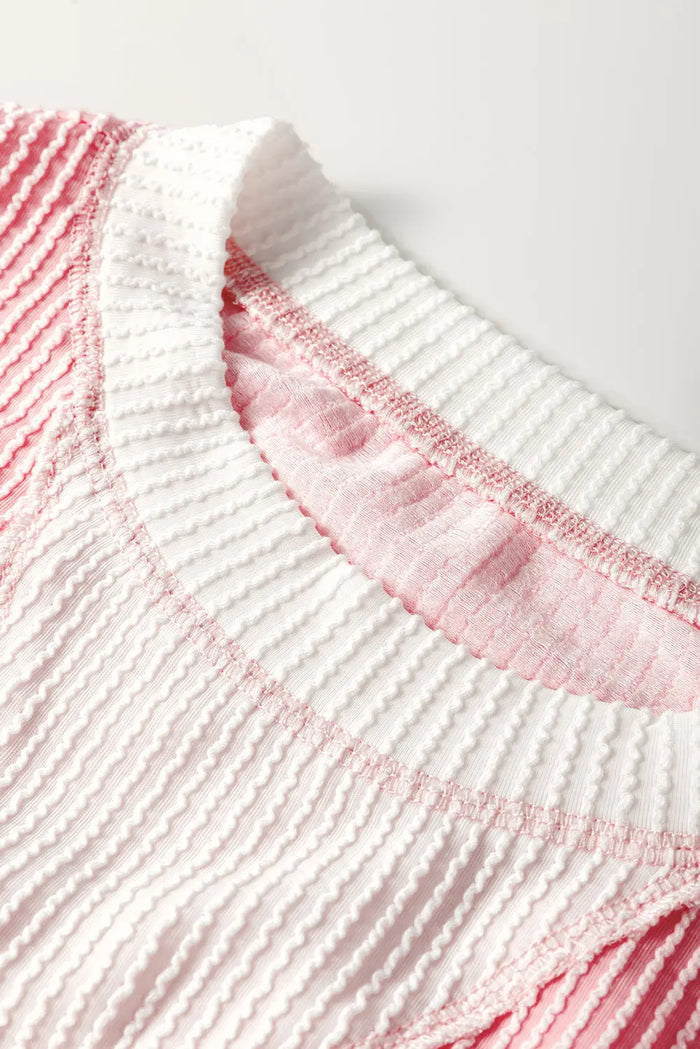 Peach Blossom Ribbed Colourblock Drop Shoulder Loose Top - Tops/Long Sleeve Tops