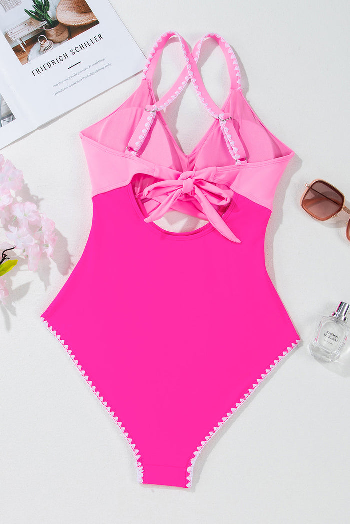 Rose Red Ric Rac Trim Contrasted Patchwork Cutout One Piece Swimsuit - Swimwear/One