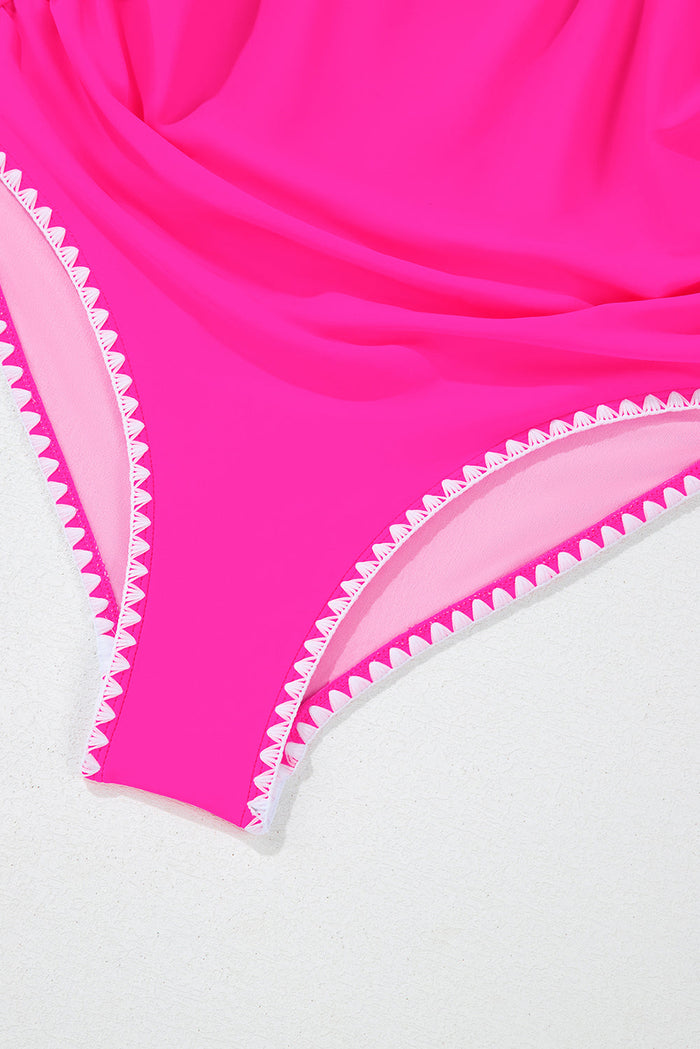 Rose Red Ric Rac Trim Contrasted Patchwork Cutout One Piece Swimsuit - Swimwear/One