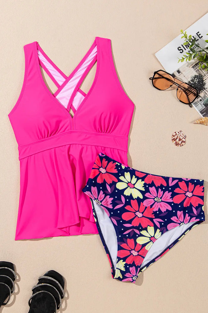 Rose V Neck Ruffled Hem Floral Bottom Tankini Set - Swimwear/Tankinis