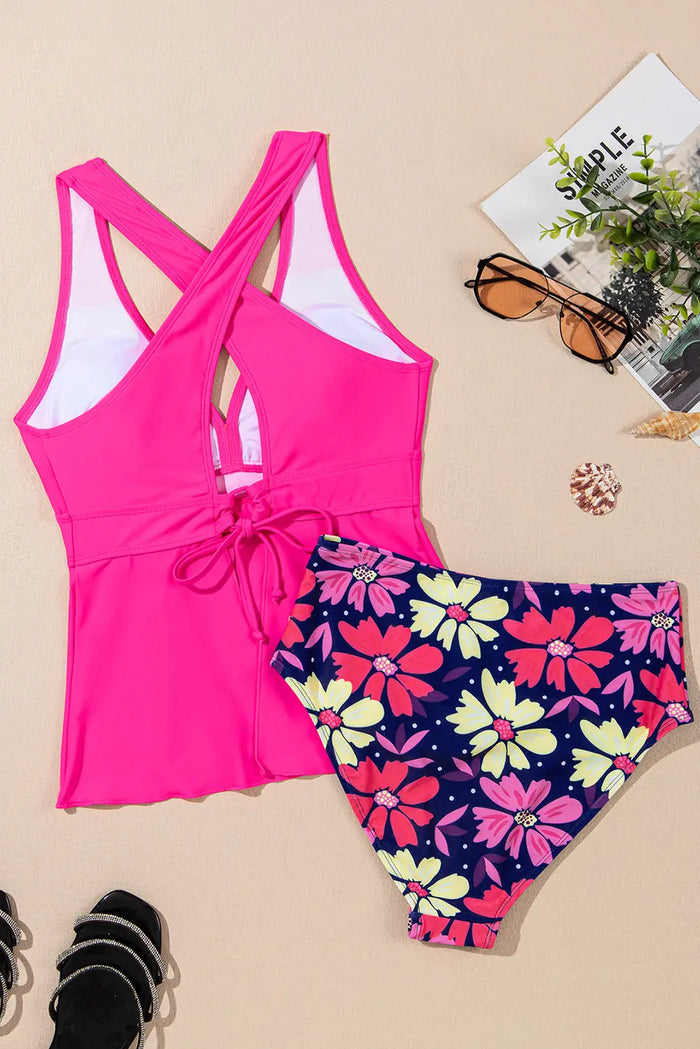 Rose V Neck Ruffled Hem Floral Bottom Tankini Set - Swimwear/Tankinis