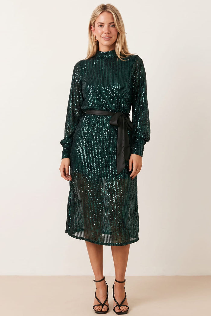 Roxi Sequin Midi Dress / Emerald Green