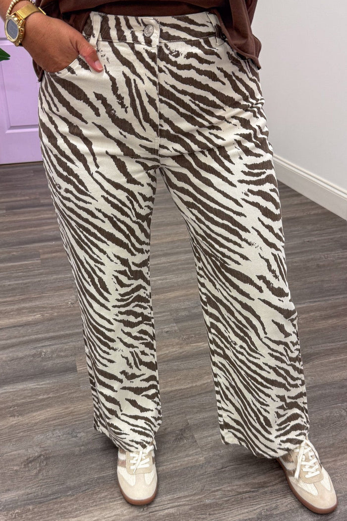ecru and brown zebra print wide leg lightweight twill denim pants with front pockets