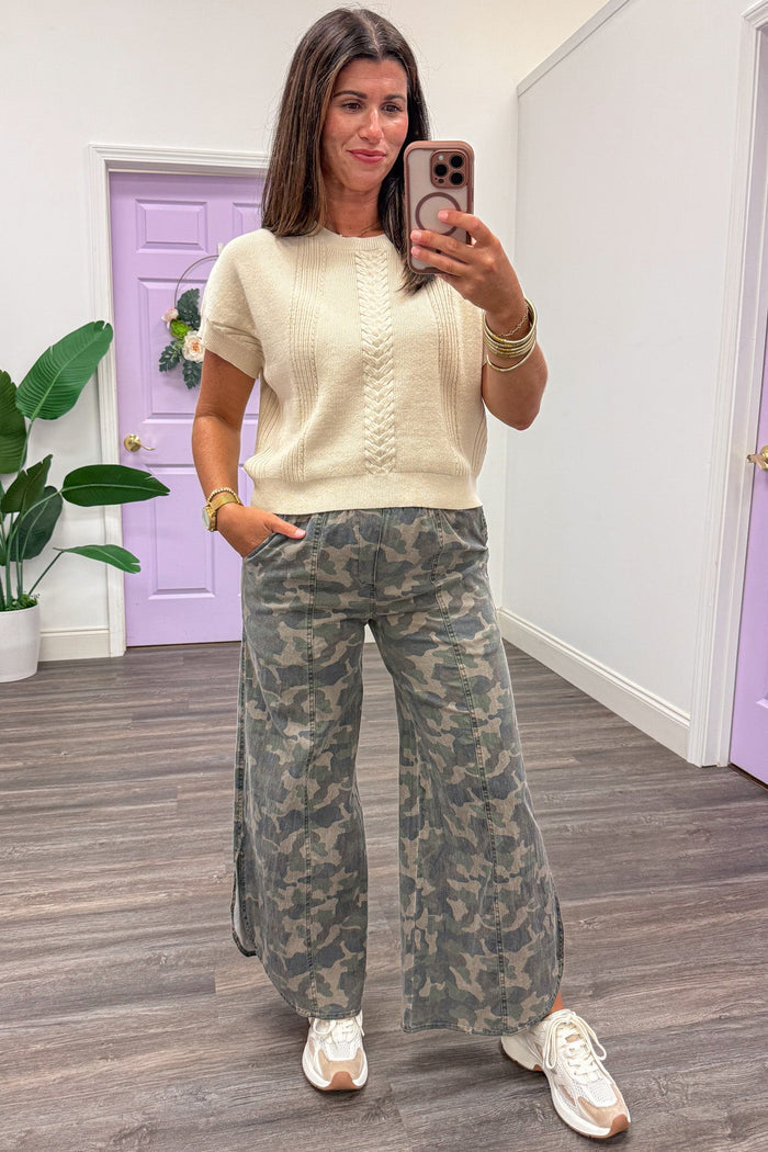 washed twill denim green camouflage wide leg tulip hem pants