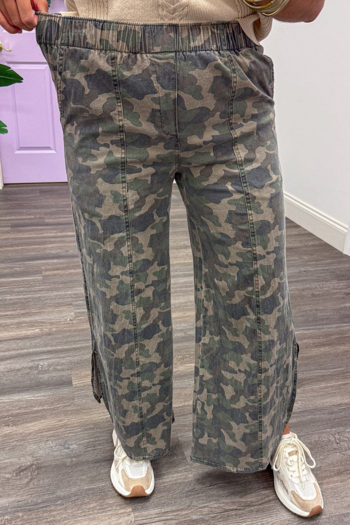 washed twill denim green camouflage elastic waist wide leg tulip hem pants