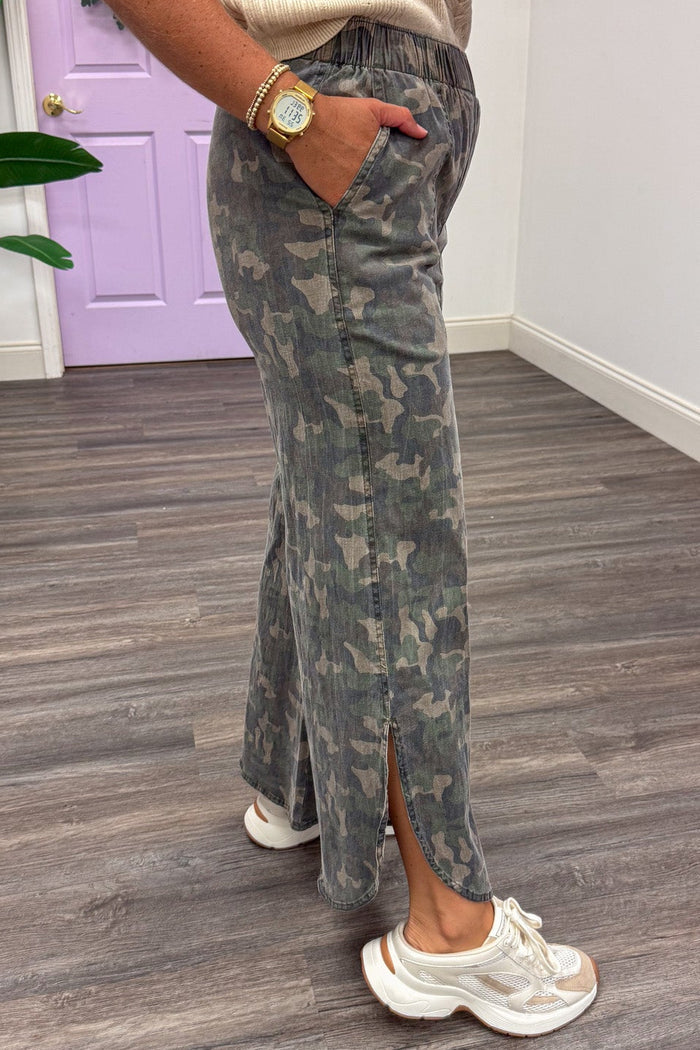 washed twill denim green camouflage wide leg tulip hem pants with reverse seam details