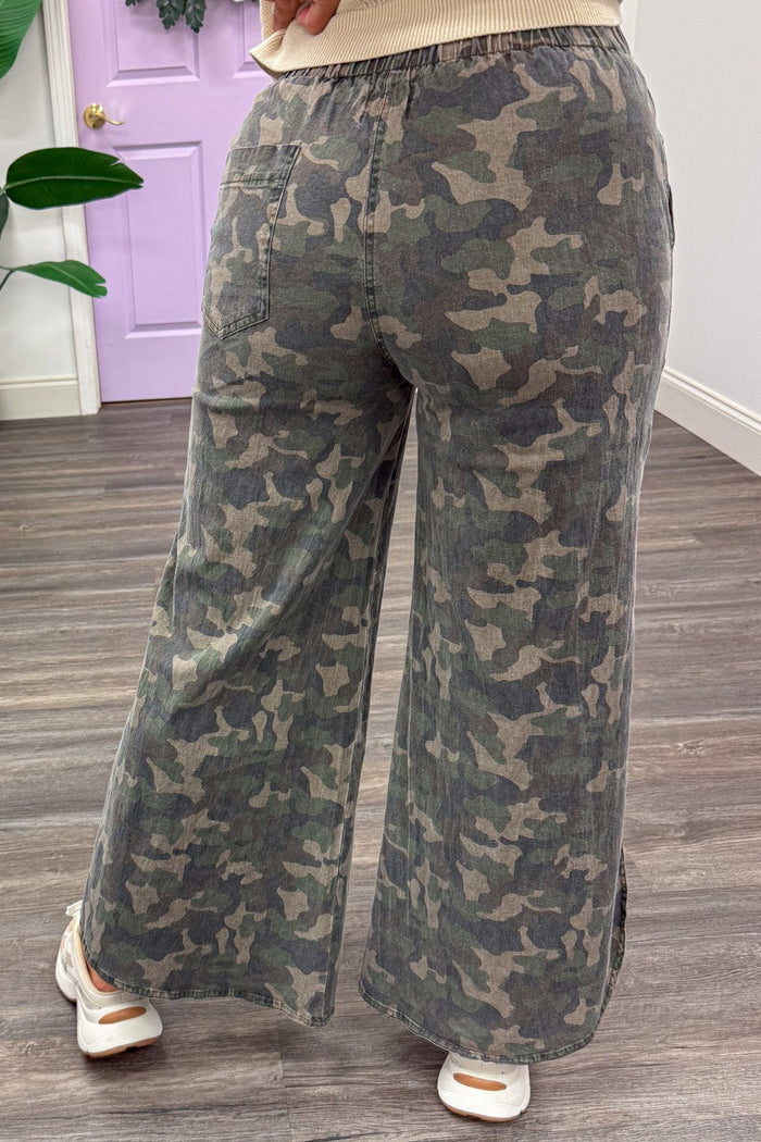washed twill denim green camouflage wide leg tulip hem pants with one back pocket