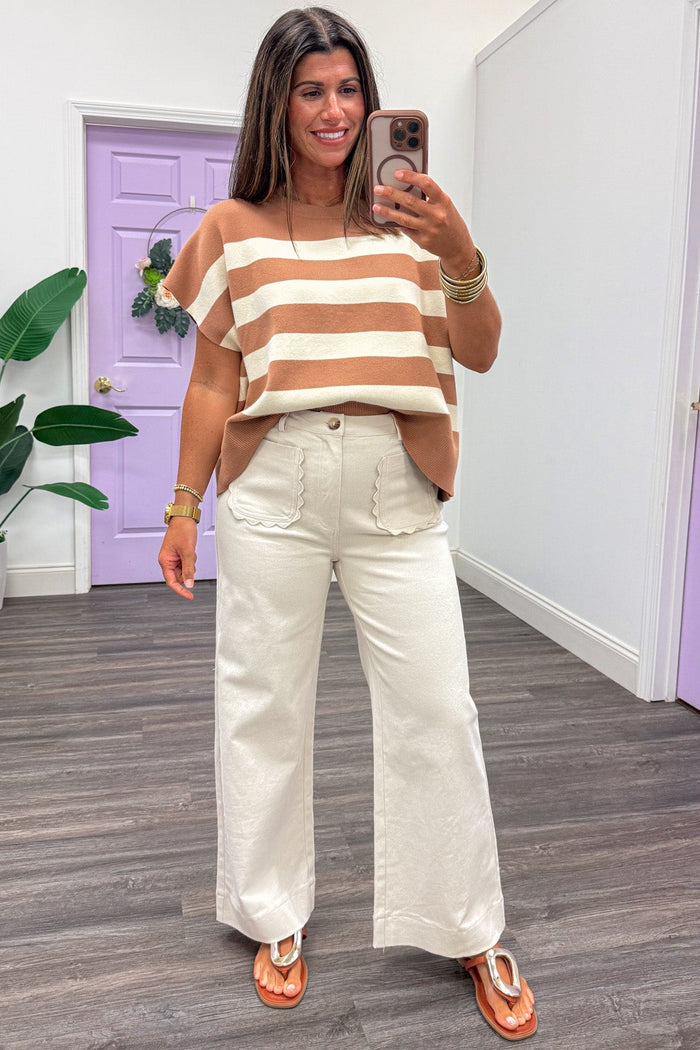 solid ecru wide leg twill denim pants with scallop trim front patch pockets