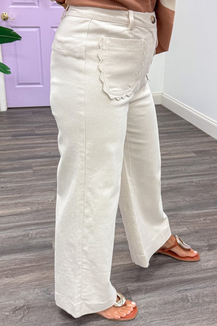 solid ecru wide leg high rise twill denim pants with scallop trim front patch pockets
