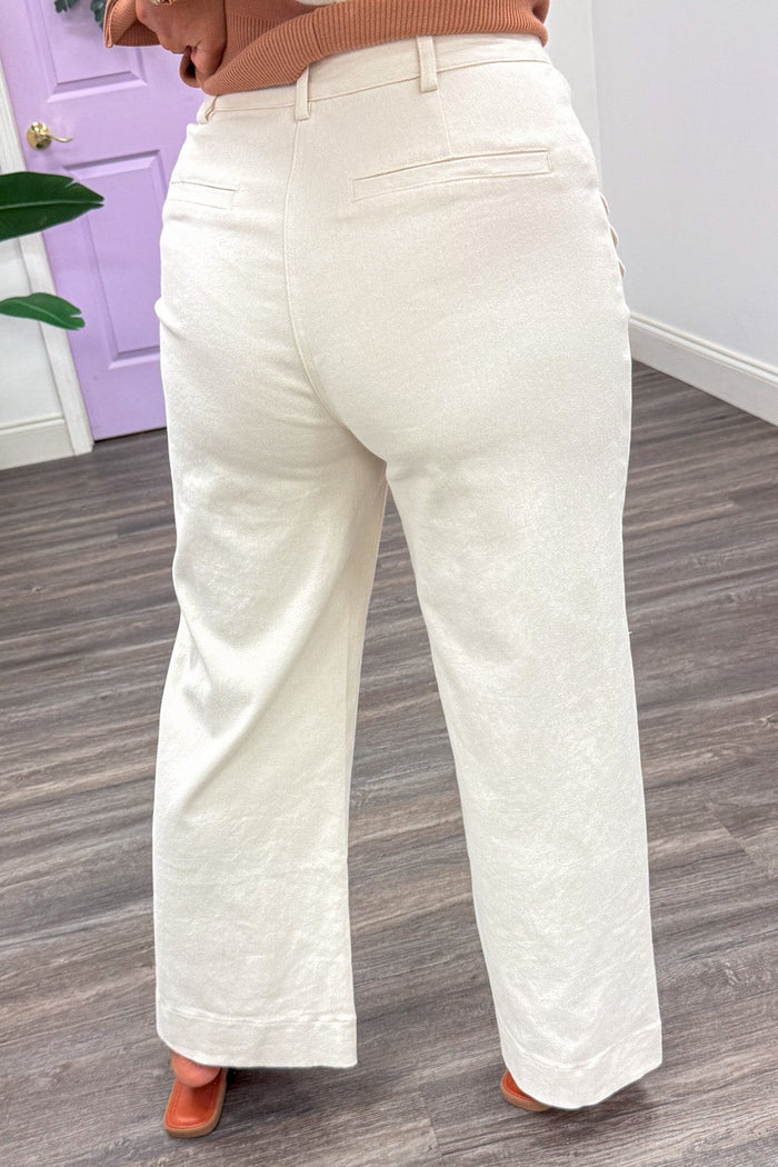 solid ecru wide leg twill denim pants with scallop trim front patch pockets and faux back pockets