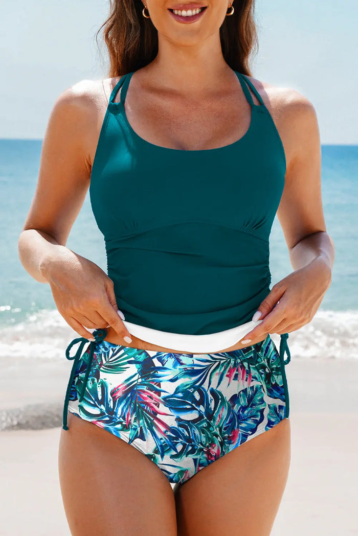 Sea Green Drawstring Tummy Control Mix-and-match 2pcs Tankini Swimsuit - Swimwear/Tankinis