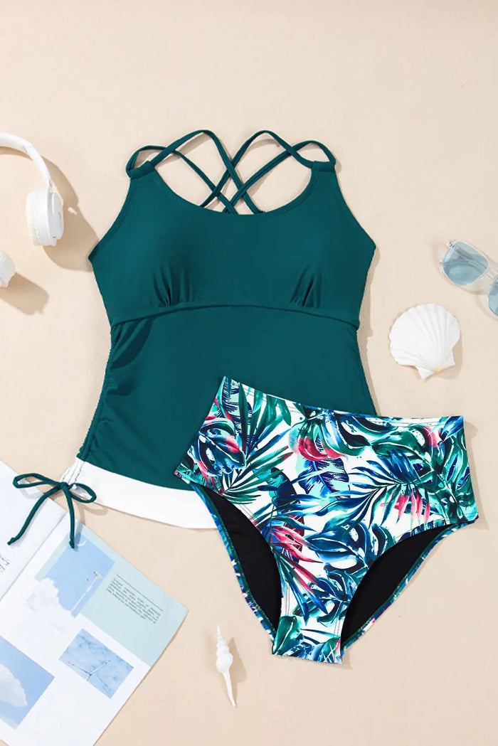 Sea Green Drawstring Tummy Control Mix-and-match 2pcs Tankini Swimsuit - Swimwear/Tankinis