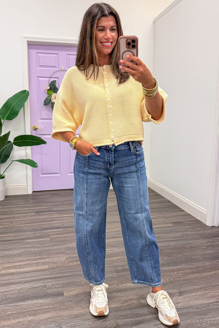 solid butter yellow half sleeve button front textured knit cardigan top with rolled hem details