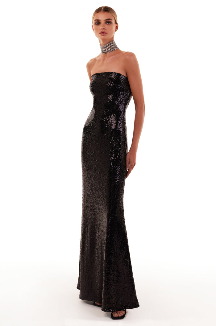 Sequined strapless maxi dress in black