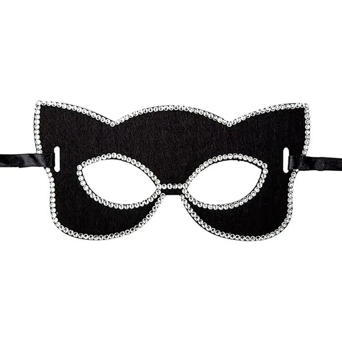 Black cat shape eye mask trimmed with sparkling silver diamante gems