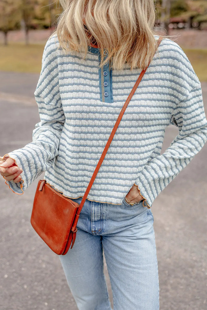 Sky Blue Stripe Textured Frilly Trim Buttons Henley Long Sleeve Top - S / 50% Cotton + 47% Polyester + 3% Elastane