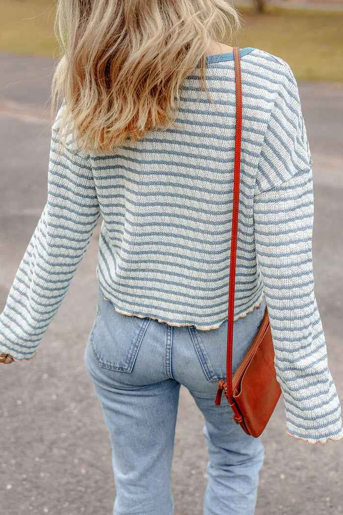 Sky Blue Stripe Textured Frilly Trim Buttons Henley Long Sleeve Top - Tops/Long Tops