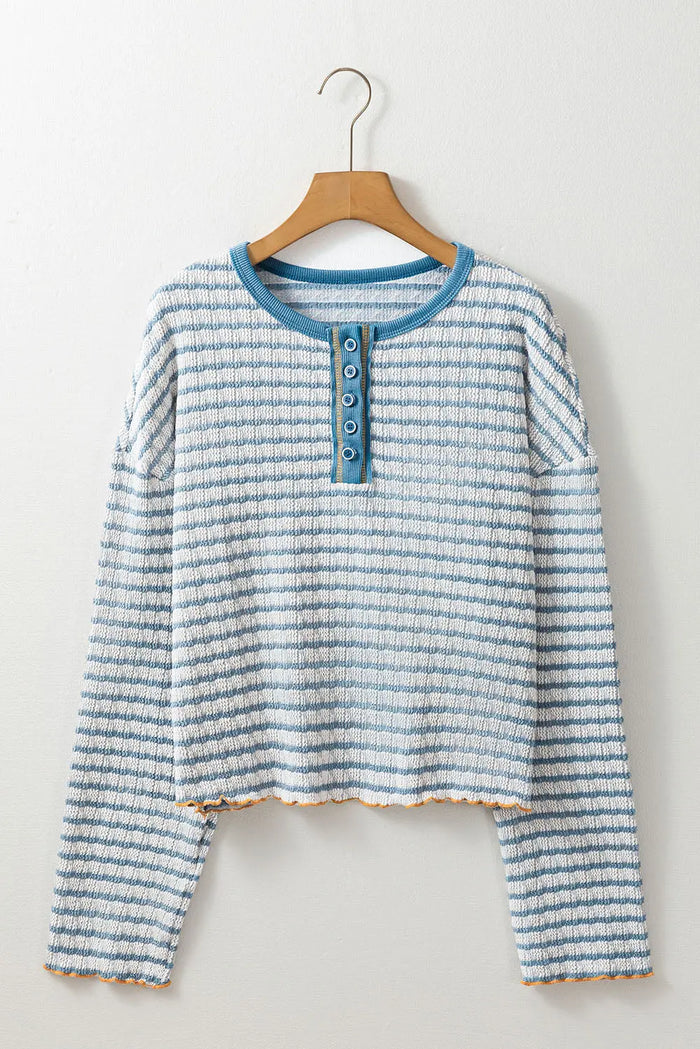 Sky Blue Stripe Textured Frilly Trim Buttons Henley Long Sleeve Top - Tops/Long Tops