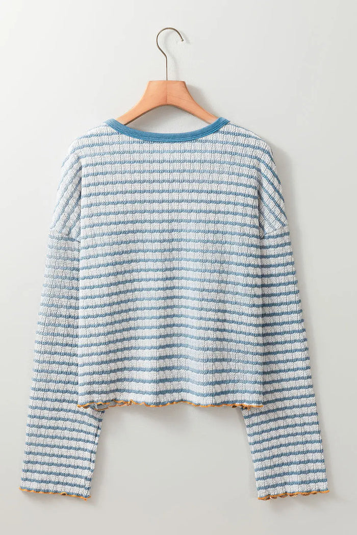 Sky Blue Stripe Textured Frilly Trim Buttons Henley Long Sleeve Top - Tops/Long Tops