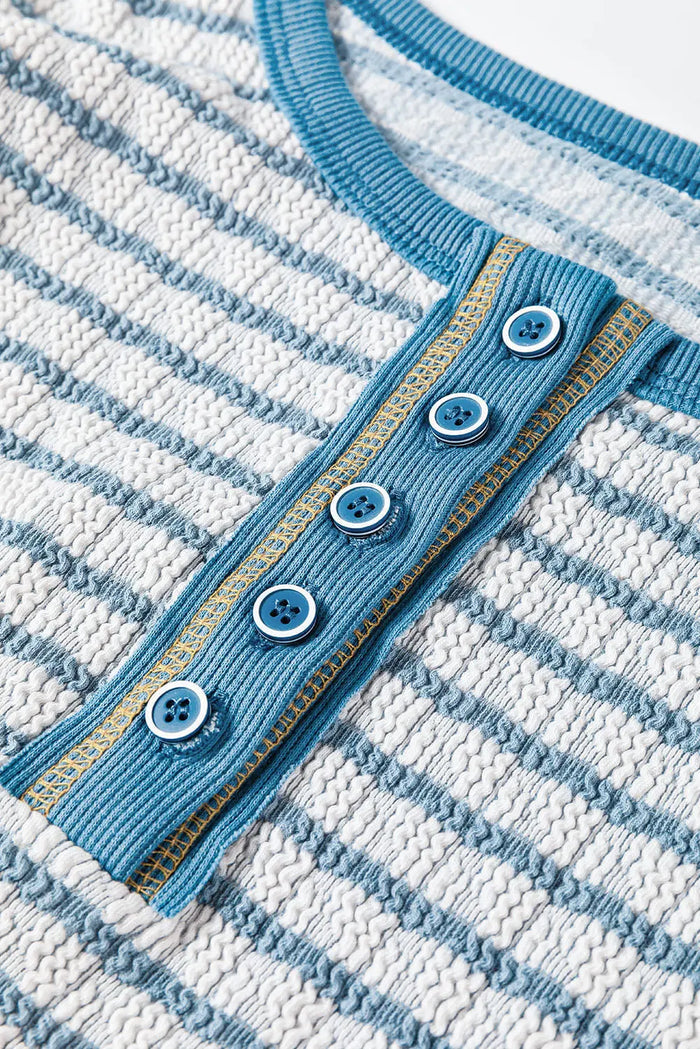 Sky Blue Stripe Textured Frilly Trim Buttons Henley Long Sleeve Top - Tops/Long Tops