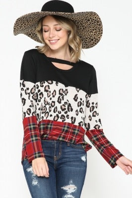 SOLID, LEOPARD, & PLAID PRINT CONTRAST ROUND NECK TOP