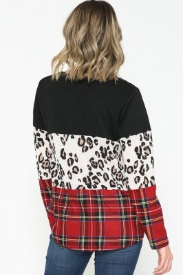 SOLID, LEOPARD, & PLAID PRINT CONTRAST ROUND NECK TOP