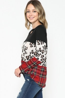SOLID, LEOPARD, & PLAID PRINT CONTRAST ROUND NECK TOP