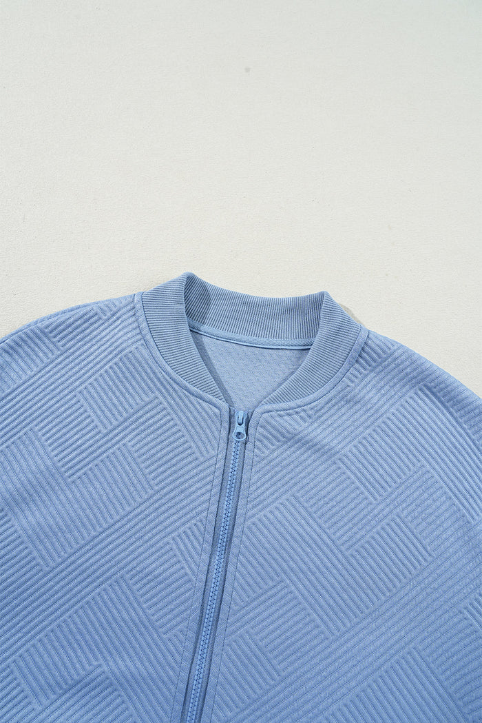 Solid Textured Stand Neck Zipper Bomber Jacket - Outerwear/Jackets