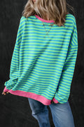 Sky Blue Stripe Oversized Contrast Trim Pullover Sweatshirt - S / 95% Cotton + 5% Elastane - Tops/Sweatshirts & Hoodies