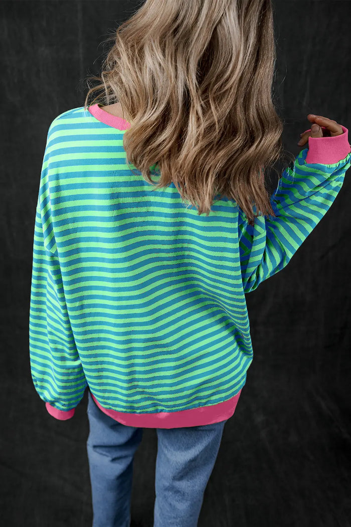 Sky Blue Stripe Oversized Contrast Trim Pullover Sweatshirt - Tops/Sweatshirts & Hoodies