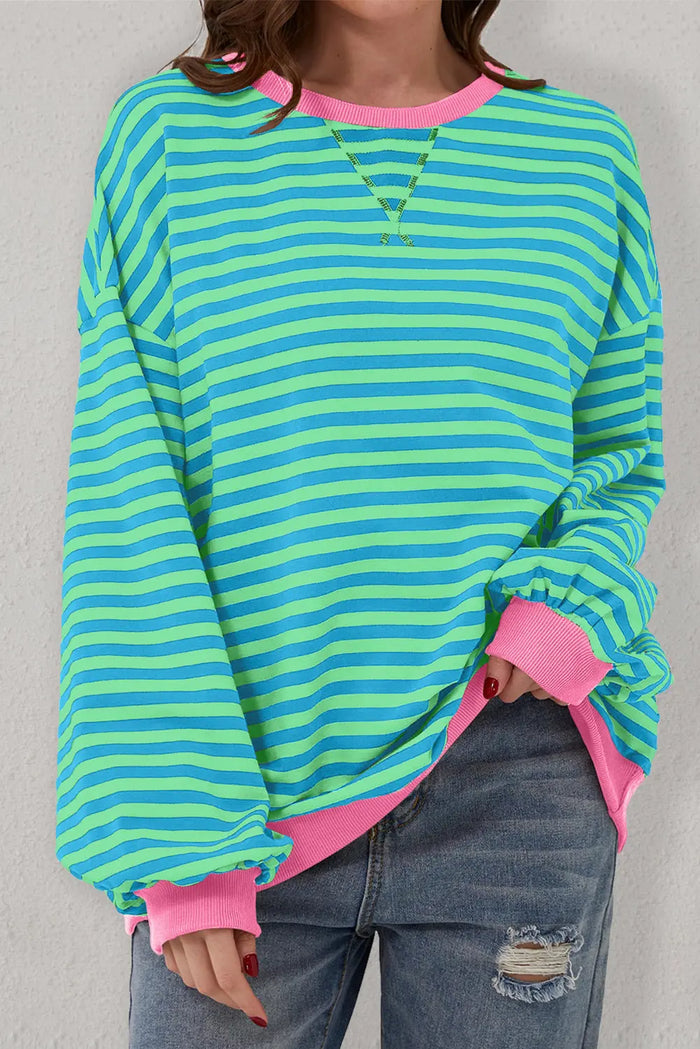 Sky Blue Stripe Oversized Contrast Trim Pullover Sweatshirt - Tops/Sweatshirts & Hoodies