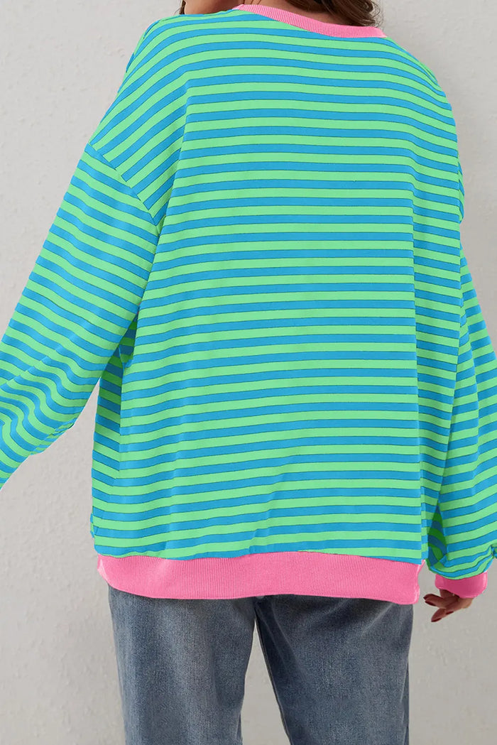 Sky Blue Stripe Oversized Contrast Trim Pullover Sweatshirt - Tops/Sweatshirts & Hoodies