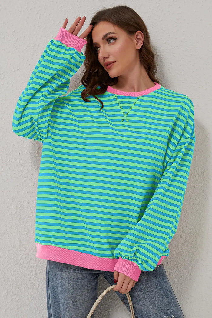 Sky Blue Stripe Oversized Contrast Trim Pullover Sweatshirt - Tops/Sweatshirts & Hoodies