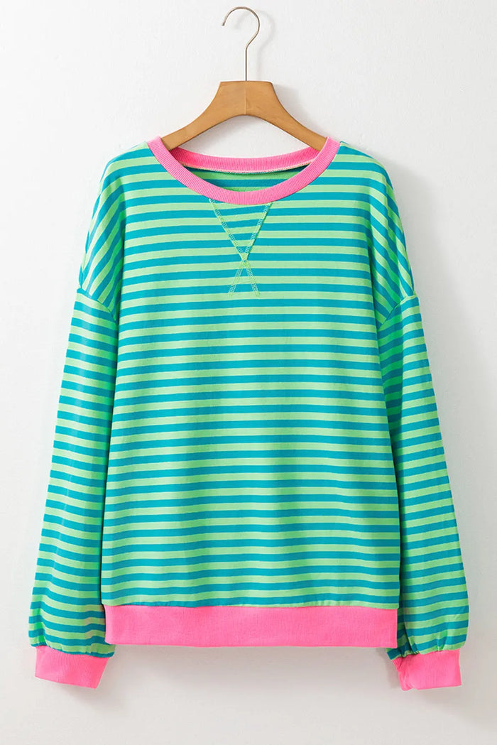 Sky Blue Stripe Oversized Contrast Trim Pullover Sweatshirt - Tops/Sweatshirts & Hoodies
