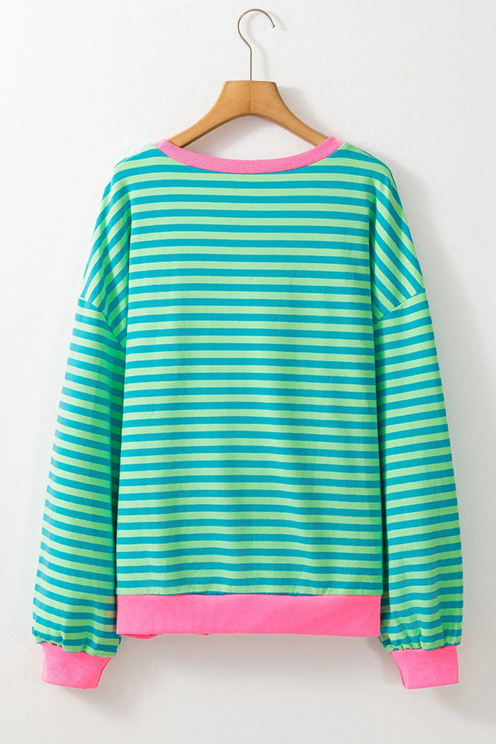 Sky Blue Stripe Oversized Contrast Trim Pullover Sweatshirt - Tops/Sweatshirts & Hoodies