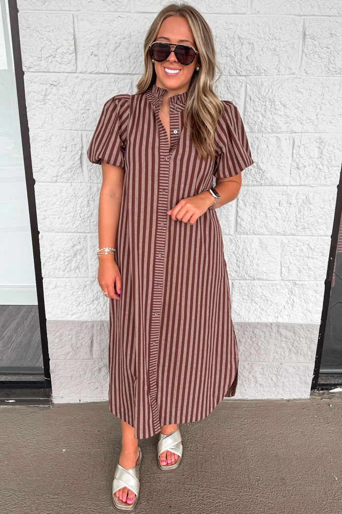 brown and mocha striped button front puff sleeve cotton midi dress