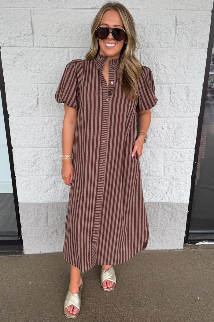 brown and mocha striped button front puff sleeve cotton midi dress with side pockets