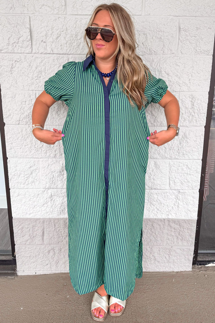 navy blue and green striped button front puff sleeve relaxed silhouette midi dress