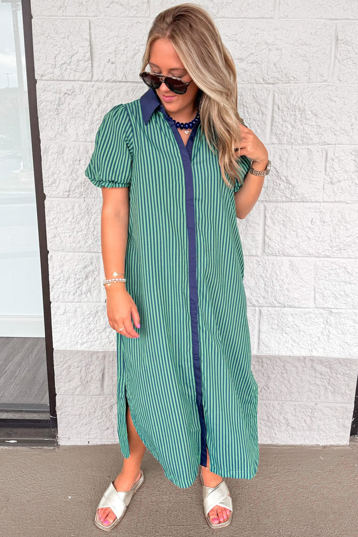 navy blue and green striped button front cuffed short puff sleeve midi dress