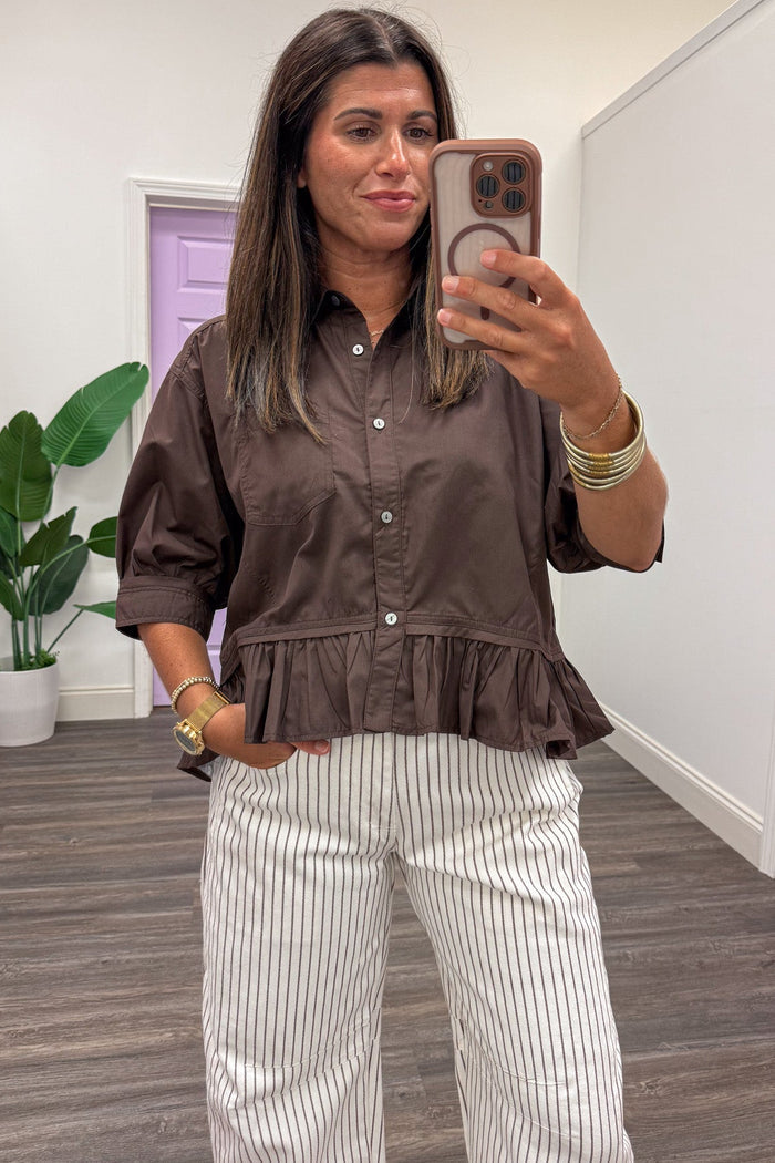 solid dark brown button down semi-cropped ruffle hem peplum top
