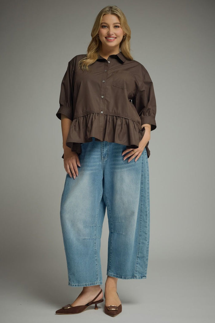 Women's semi-cropped button down brown peplum top with ruffled hem in plus size