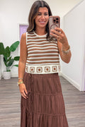 brown cream and chestnut striped semi-cropped sleeveless crochet top with afghan border trim