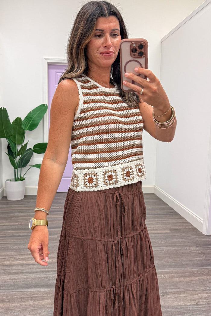 brown cream and chestnut striped semi-cropped scalloped trim sleeveless crochet top with afghan style border trim