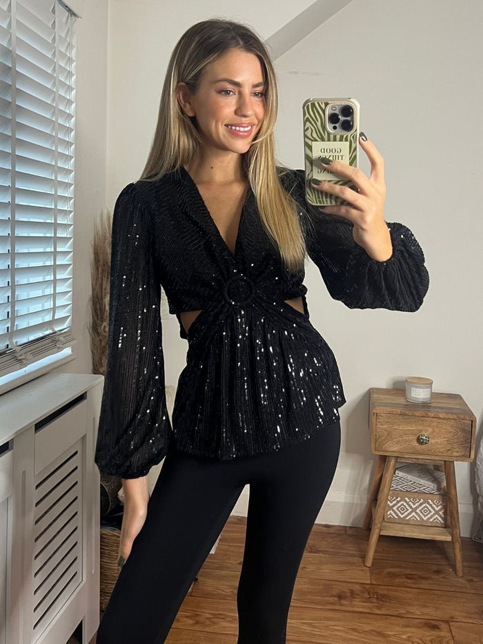 Talia Cut Out Top / Black Sequin - Style Cheat