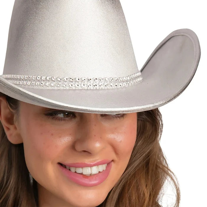 Close up of double row of rhinestones on a silver cowboy hat