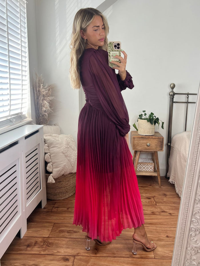 Toni Long Sleeved Pleated Maxi Dress / Mulberry & Pink Ombre - Style Cheat