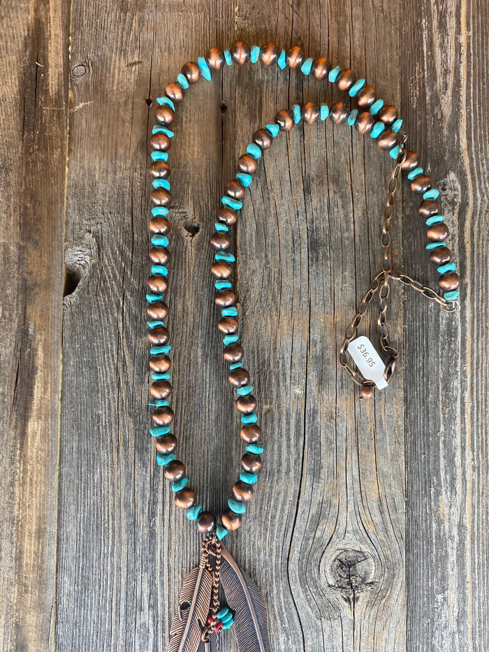 Turquoise w/Arrow Feather brass necklace