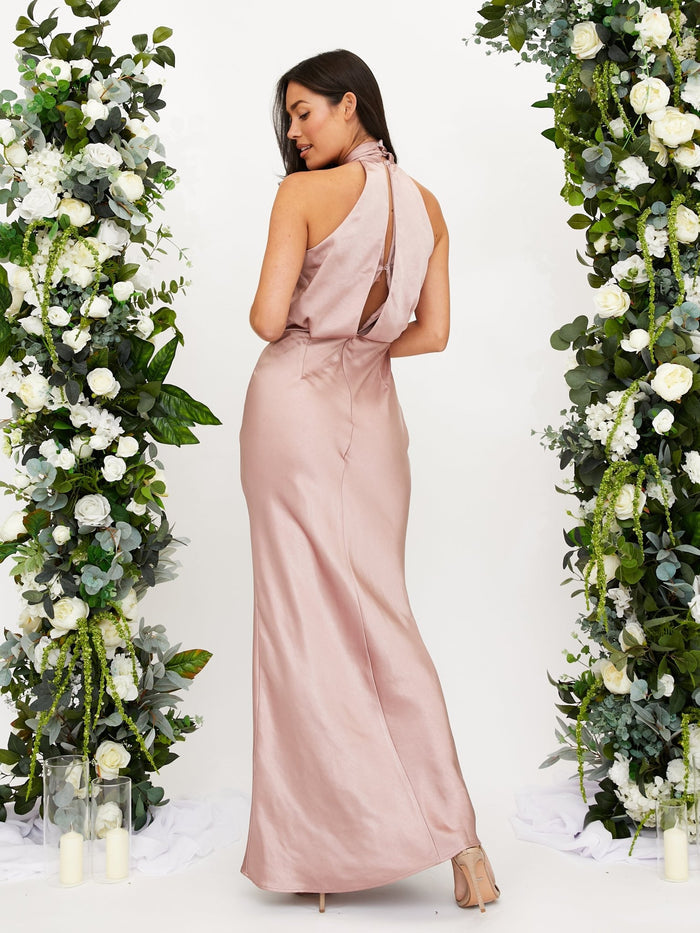 Twist Neck Satin Maxi Dress / Blush - Style Cheat